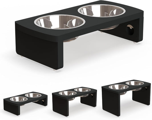 Elevated Dog Bowls, Bamboo Raised Dog Bowl for Small Dogs & Cats, with 2 Stainless Steel Bowls (4'' Tall-20oz Bowl, Black)