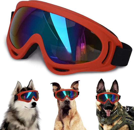 Winproof Adjustable Strap Dog Sunglasses, UV Protection, Soft Goggles (Red Frame)