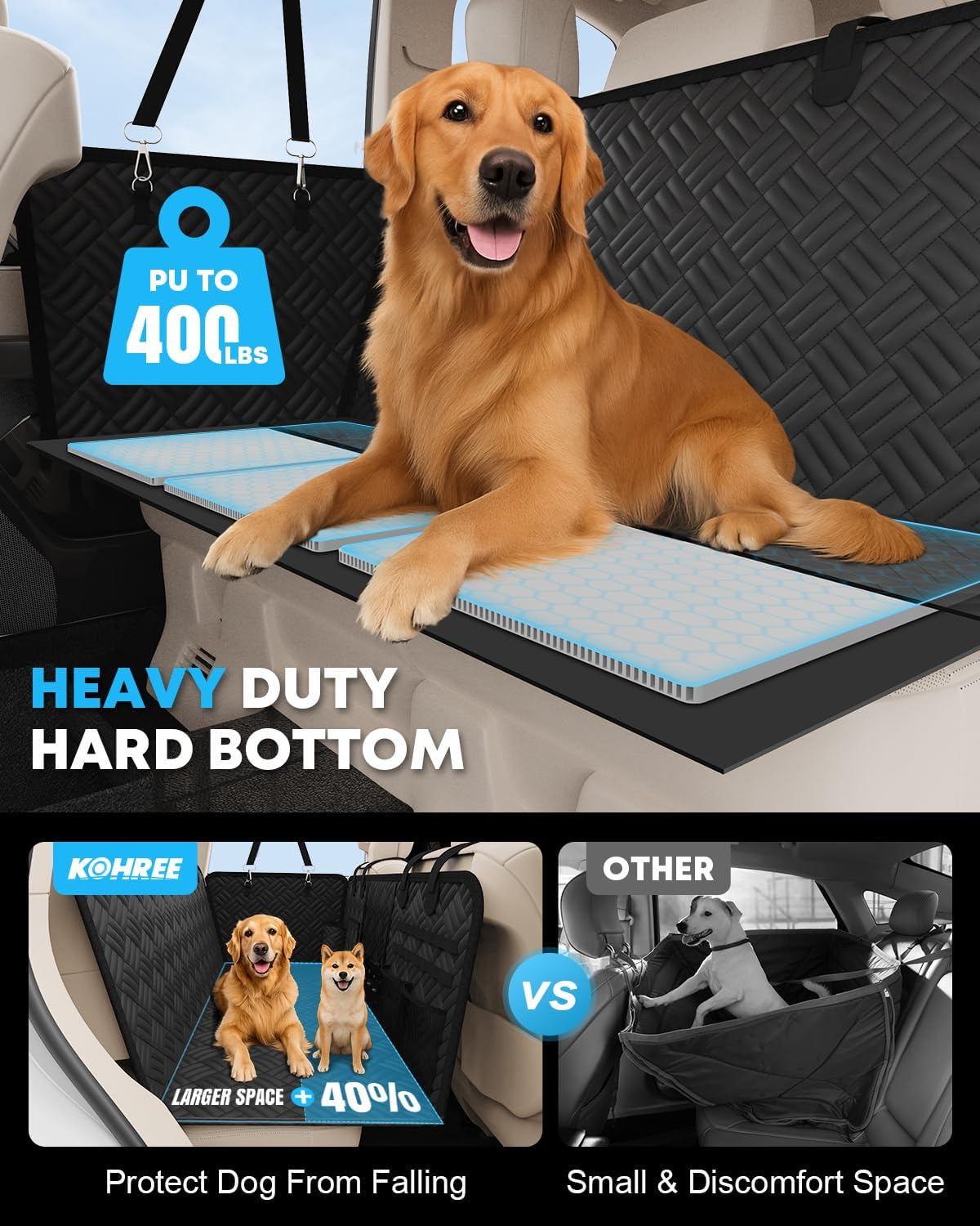 Kohree Dog Car Seat Cover for Back Seat Hard Bottom - Upgraded Reinforced PP Broads, Heavy Duty 900D Oxford Fabric, Nonslip Anti-Scratch Pet Car Seat Cover Dogs Extender Hammock for Car Truck SUV