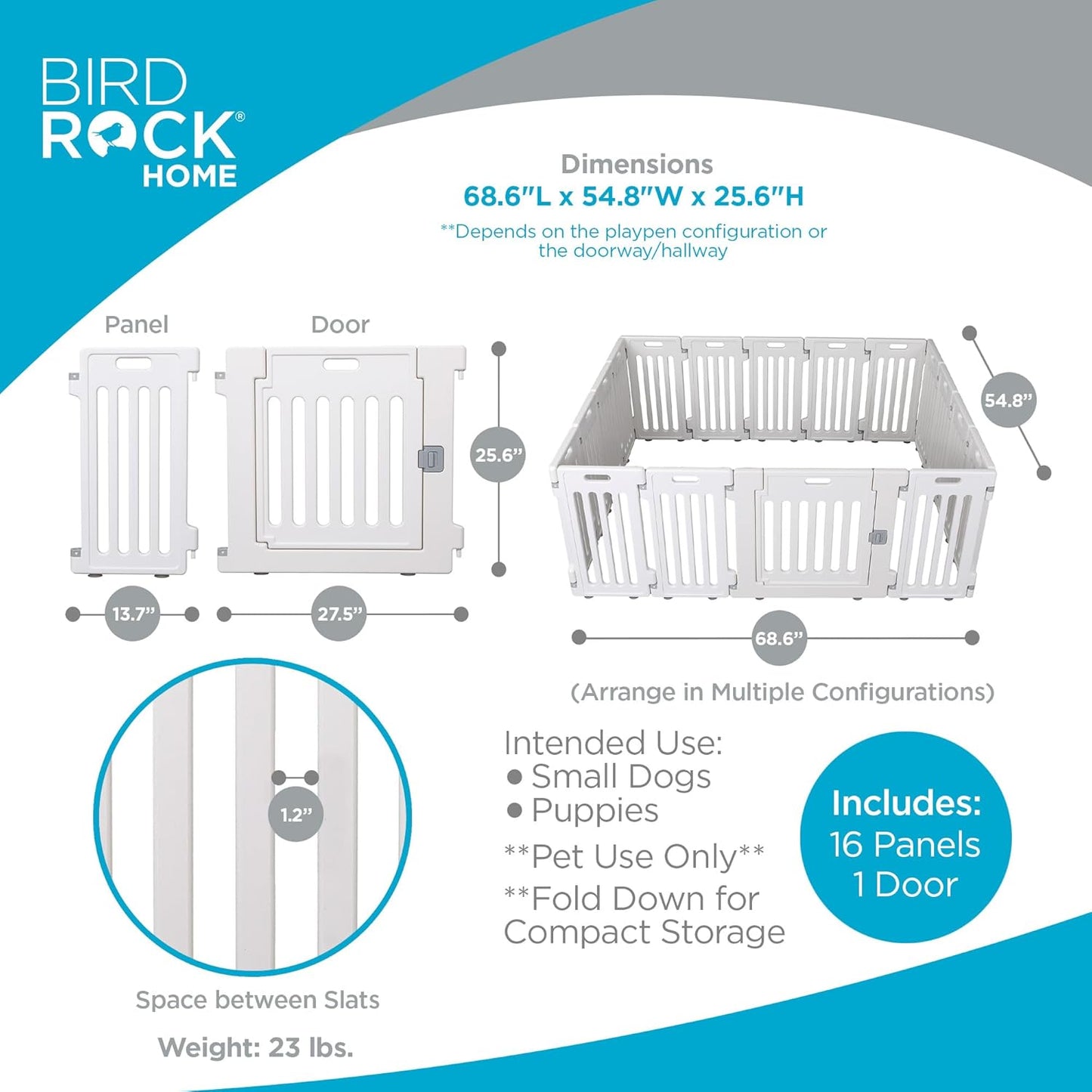 BIRDROCK HOME Dog Playpen w/Door, 16 Panel, 25.6in H | Strong Plastic, Non-Slip Puppy Playpen, Secure Pet Gate | Indoor Outdoor Fence | Configurable Panels | Medium to Large Pets - White
