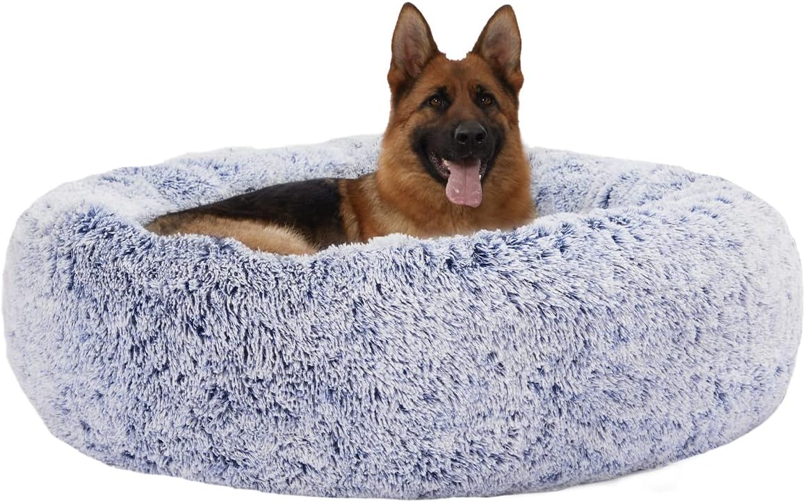 Bedfolks Calming Donut Dog Bed - 45 Inch Round Plush Dog Bed, Anti-Anxiety, Washable & Non-Slip (Navy Blue, Extra Large)