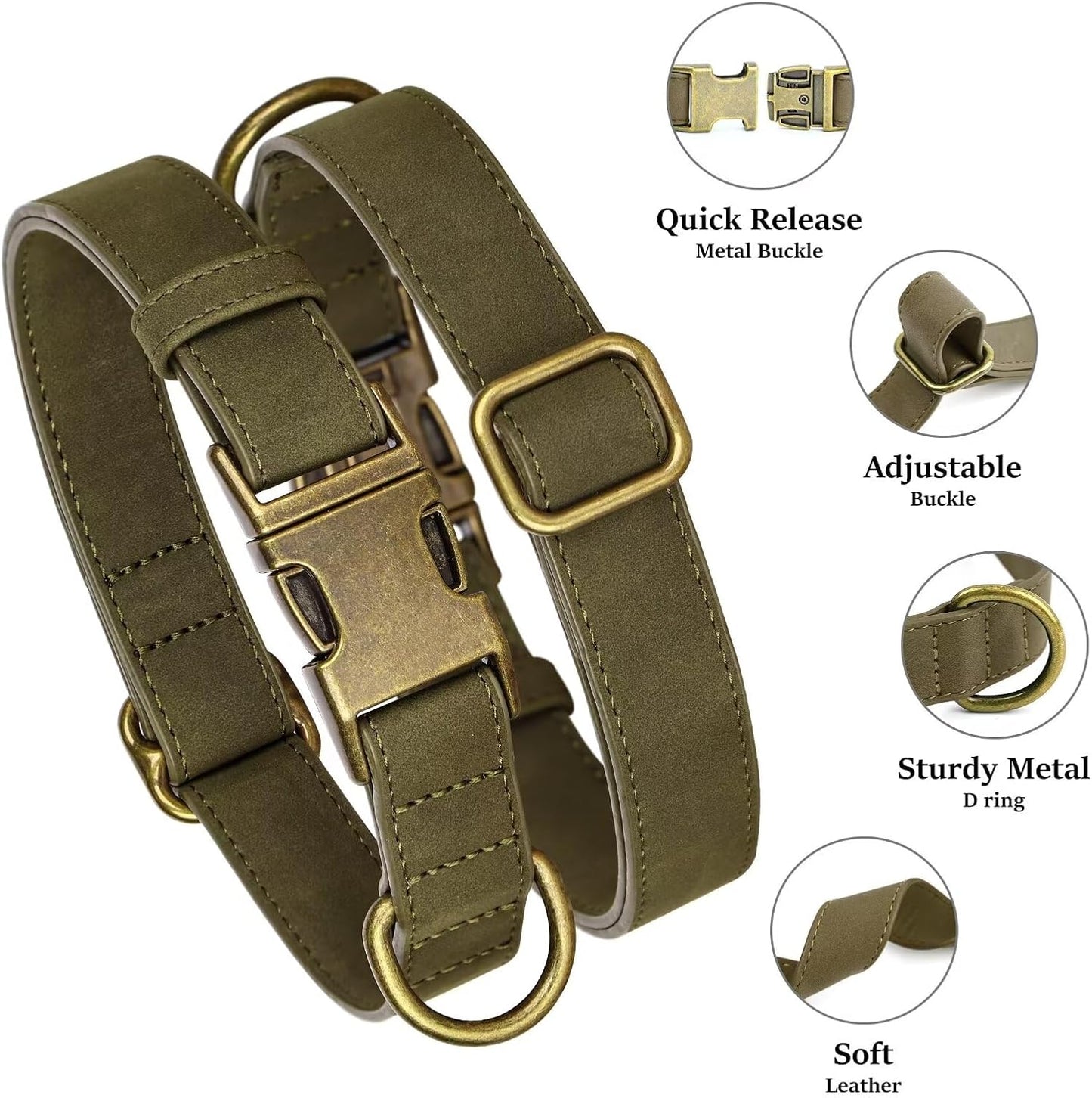 Didog Soft PU Leather Dog Collar, Stylish Quick Released Dog Collar for Large Dogs, Easy Clean Adjustable Pet Collar for Daily Walking, Dark Green, L Fit 15-23" Neck