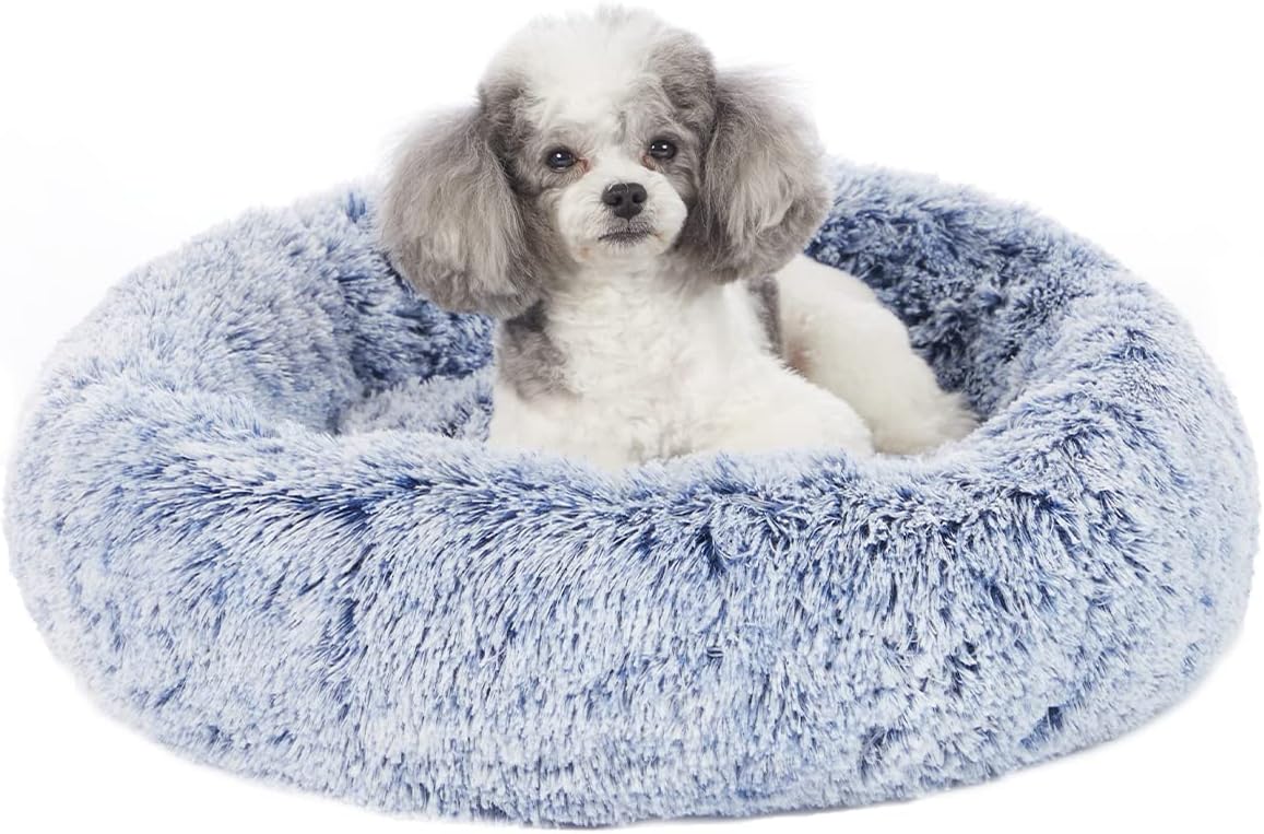 Bedfolks Calming Donut Dog Bed, 23 Inches Round Fluffy Dog Beds for Small Dogs, Machine Washable Anti-Anxiety Plush Puppy Bed（Navy Blue, Small）