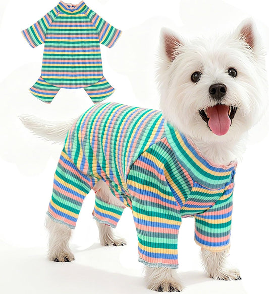 BAEJMJK Striped Dog Pajamas Stretchy Cute Four-Legged Boy Girl Dog Clothes with Sleeves Comfortable Dogs Jumpsuit Colorful Pet Puppy Outfits Apparel for Small Medium Dogs Cats(Green,X-Large)