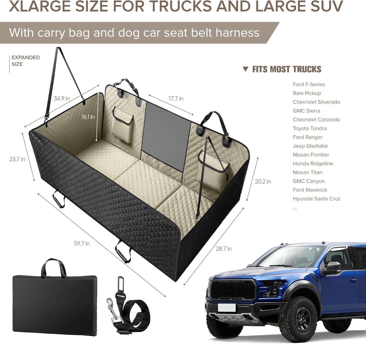 SHARLOVY XL Truck Back Seat Extender for Dogs, Large Hard Bottom Dog Car Seat Cover for Back Seat, Heavy Duty Dog Car Hammock, Waterproof Pet Seat Covers for Trucks, F150, Ram1500 and Large SUV